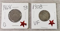 1868 Shield Nickel & 1908 V Nickel