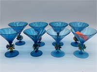 LOT OF 8 BLUE ART GLASS MARTINI GLASSES