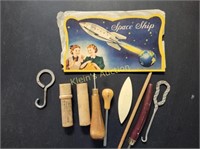 vtg sewing lot  space ship needles, wooden holder+