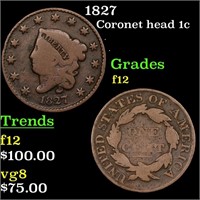 1827 Coronet Head Large Cent 1c Grades f, fine