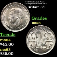 1943D Australia 3 Pence (Threepence) Silver KM# 37