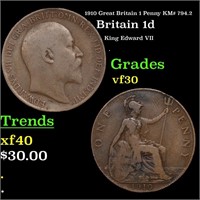 1910 Great Britain 1 Penny KM# 794.2 Grades vf++