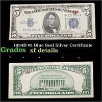 1934D $5 Blue Seal Silver Certificate Grades xf de