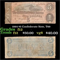 1864 $5 Confederate Note, T69 Grades f, fine