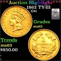 ***Auction Highlight*** 1862 Gold Dollar TY-III $1