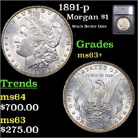 1891-p Morgan Dollar $1 Graded ms63+ BY SEGS