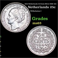 1944 Netherlands 25 Cents Silver KM# 164 Grades Se