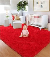 Red Soft Shag Area Rug (7ftx5ft)