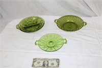 3 Vintage Green Glass Decorative Seving Pieces