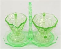 Green Glass Cream & Sugar Cups w/Stand