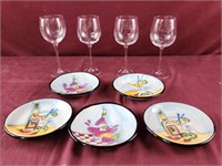 4 wine glasses and 5 decorative hausenware small