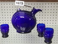Cobalt Blue Glass Pitcher with 3 Cups