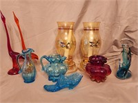 Art glass egrets, 3 art glass pitches, Glass
