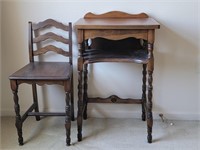 Walnut telephone stand with chair