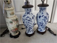 3 lamps: 2 Blue and white w/ fauna and bird motif