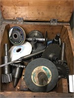 Wood Box of Asstd Parts, Gears, Sanding Wheels etc