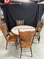 Tile Top Oak Table w 4 Pressed Backback Chairs