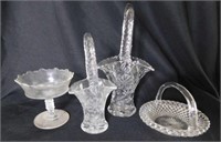 3 vintage clear glass baskets w/ handles, tallest