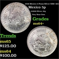1948 Mexico 5 Pesos Silver KM# 465 Grades Choice+