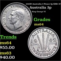 1942D Australia 3 Pence 3p KM# 37 Grades Choice Un