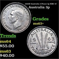 1943D Australia 3 Pence 3p KM# 37 Grades Select+ U