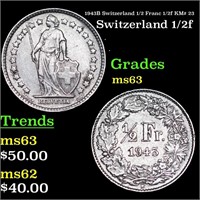 1943B Switzerland 1/2 Franc 1/2f KM# 23 Grades Sel