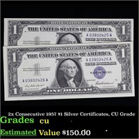 2x Consecutive 1957 $1 Silver Certificates, CU Gra