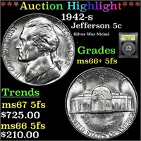 1942-s Jefferson Nickel 5c Graded GEM++ 5fs By USC