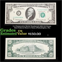 3 x Consecutive Serial Numbered 1969 $10 Green Sea