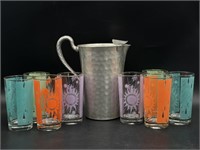 Vintage MCM Glass Cups and Aluminum Pitcher