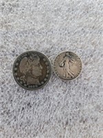 1908 SILVER QUARTER AND A FOREIGN DIME