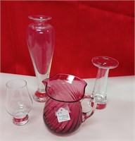11 - CRANBERRY GLASS PITCHER & VASES (A77)