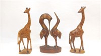 (3) Wood Carved Animals (Giraffes & Birds)