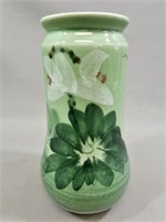 Asian Pottery Vase- Green w/ Lotus 9"