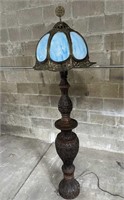 Carved Hardwood Parlor Lamp-Antique Slag Glass,
