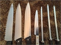 4 Large Kitchen Knives with 3 Sharpening Steels