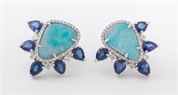 18K White Gold Opal Sapphire Diamond Earrings