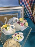 Three piece Royal Dalton Swan with flowers