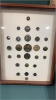 Framed lot of Antique Buttons Focus on Fan Buttons