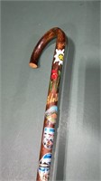 Adelboden carved wooden walking cane with metal