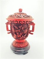 VINTAGE Red Cinnabar Decorative Urn