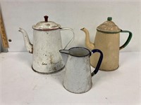 Enamel ware coffee pots & pitcher.  Need cleaning