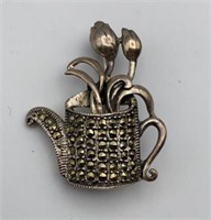 Sterling Marcasite Pin Brooch Water Can Flowers