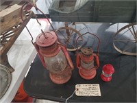 3 old red lanterns 2 kerosene 1 Avon candy jar