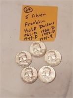 5 silver Franklin half dollars 1940s - 1960s