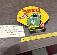 Shell Oil Co porcelain sign w Mattel Hot Wheels ad