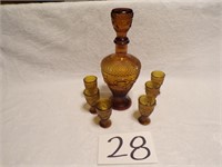 AMBER DECANTER AND SHOT GLASSES