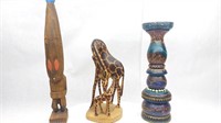 (3) Wooden Figures: Giraffes, Candleholder, Man