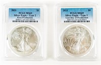 Coin 2, 2021 Silver Eagles, T1+T2,PCGS-MS69
