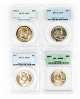Coin 4 Ben Franklin Half Dollars Graded,MS64-MS65